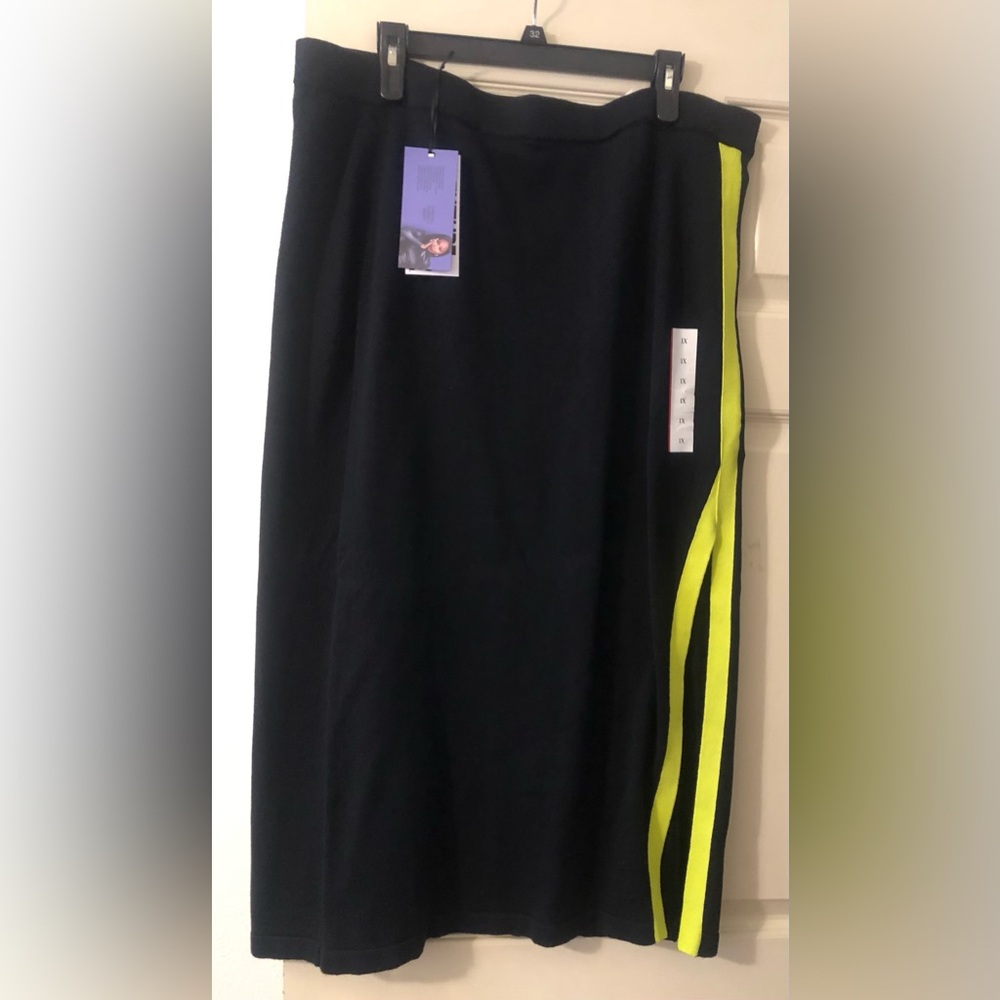 Black Midi Skirt with Neon Yellow Side Stripes